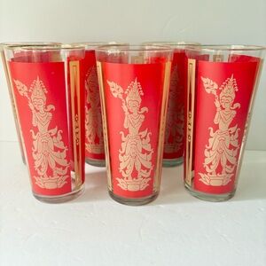 Vintage Culver Red Gold MCM Thai Goddess Highball Glasses Set of 6